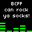 Black background with white pixelated text reading "BCFF can rock ya socks!" and green horizontal bar graphs changing across two
