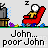 Pixel art animation of a character in a red chair with a TV, showing text 'John... poor John' and changing TV screen states.