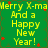 Green background with yellow text reading 'Merry X-mas And a Happy New Year!' and red star-like shapes scattered across.