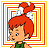 Pixelated cartoon character with red hair and green top against layered square border background, two frames showing slight facial expression change.