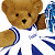 A pixelated teddy bear mascot in a blue and white sports uniform with a green text logo on the right side of the image.