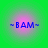 ~BAM~ text in blue pixelated font centered on a green background with pink gradient halo, four identical frames shown.
