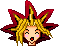 Pixel art head with spiky red and yellow hair, five distinct facial expressions across frames on gray background.