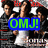 Animated sequence showing four figures in a group pose with one figure's shirt changing from striped to white, and green text overlay reading 'OMJ!' on blue background.