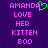 Purple background with pink pixelated text reading "AMANDA LOVE HER KITTEN BOO" and a green heart symbol above the 'A' in AMANDA.