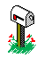 Pixelated mailbox icon with red flag, green grass, and red flowers; flag and mailbox door change state across frames.