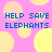 Pixelated graphic with blue text 'HELP SAVE ELEPHANTS' repeated four times on a pink background with yellow circles.