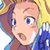 Pixelated anime-style character face with wide blue eyes, pink skin tone, and purple hair strands against a yellow background.
