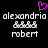 Pixelated text displays 'alexandria' above 'robert' with a pink heart symbol above 'alexandria' on a black background.