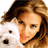 A pixelated close-up of a person with light brown hair holding a white dog, both facing left against a plain background.