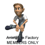 Animated character in gray overalls and white shirt performs sequential kicking motion with left leg extended, right leg bent, and hands clasped near knees.