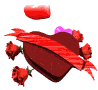 Animated sequence of heart-shaped chocolate with red ribbon and roses, showing floating pink hearts and petals against gray background.