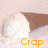 Pixelated image with light pink background, brown triangular shape on right, white curved area left of center, and orange text 'Crap.' at bottom.