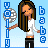 Pixel art buddy icon of a female character with long dark hair holding two blue text columns against a light blue background.