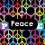 Colorful pixelated pattern with peace symbols and text overlays reading Peace, Love, Happiness on black banners.