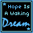 A 3x3 contact sheet of animated frames showing a pixelated text-based buddy icon with the phrase "Hope Is A Waking Dream" in light blue on black background, framed by thin blue borders and small stars at corners.