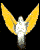Pixelated angel icon with yellow wings and white body, shown in two vertical positions against black background.