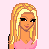 Pixel art contact sheet of a blonde female character in various poses with text elements and an animated lip graphic, displayed on a light pink background.