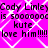 Static image with bright pink background and white diamond lattice pattern, displaying repeated text about Cody Linley in black pixelated font.
