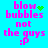 Pixelated text on cyan background with green heart and dot animations; 'blow bubbles not the guys :P' in pink letters.