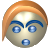 Pixelated circular icon with light skin tone, blue eyes, and orange hair styled in a side-swept fringe, set against a gray background.