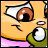 Pixelated cartoon character face with orange skin, brown eyes, green hand near mouth, pink collar; four- shows subtle expression changes