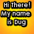 Yellow background with black text boxes and a central pixelated image of an animal wearing a red collar, displaying sequential dialogue.