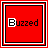 A 5x5 contact sheet of animated frames showing a red square icon with the word 'Buzzed' in black text, where the letter 'u' alternates between white and black across frames to create an animation effect.