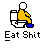 Pixelated figure in yellow outfit with blue shoes interacts with white toilet across multiple poses, text "Eat Shit" below.
