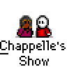 Animated contact sheet of 11 frames showing two pixel-art characters from Chappelle's Show with changing speech bubbles and poses against a gray background.