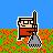 Pixel art character in red shirt and brown pants holding various tools across with orange foliage background