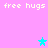 Pixelated pink background with repeated 'free hugs' text and cyan stars in static arrangement.