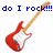 Pixelated red electric guitar with white pickguard and light brown neck, displayed in three positions against a white background with blue text reading "do I rock!!! or do I..." and "rock!!!".