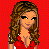 Pixel art contact sheet showing a woman in red attire with long brown hair against a solid red background, featuring visible text and partial body frames across six sampled animation frames.