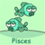 Animated contact sheet of six frames showing a pixelated green fish character in various poses above the text 'Pisces' on a light green background.