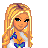 Pixel art buddy icon featuring a blonde cartoon character in a blue and white swimsuit with pom-poms, labeled "beach baby" below the image.