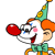 A cartoon clown with orange hair, red nose, and green bow tie appears in multiple poses across a , holding a red balloon