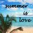 Pixelated beach scene with palm tree, ocean, and text reading 'Forever & Love' in dark blue letters against a light blue sky background.