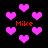 Black background with scattered pink pixelated hearts and red text reading "Mike" in four locations.