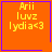 Orange square with purple border containing yellow text 'Arii luvz Lydia<3' and a small purple heart in top-right corner.