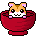 Pixel art animation of a hamster in a red bowl across four frames showing facial expressions and body position changes.