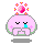 A 4-frame pixel art animation of a pink jellyfish-like character with closed eyes and tears, showing sequential changes in its top-left prop and surrounding sparkles across frames.