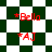 Green and white checkered background with red text *Bella and *AJ in pixelated font, displayed in two distinct layouts with varying patterns