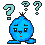 Two side-by-side pixel art frames of a blue cartoon character with question marks above its head, showing facial expression changes between the two frames.