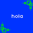 Blue background with green pixelated square patterns and white 'hola' text repeated across the image.