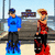 Two pixelated figures stand side-by-side on a beach; one wears blue with dark pants, the other red and black attire.