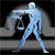 Pixelated static icon of a translucent blue humanoid figure in motion against dark background with gray horizontal bands.