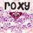 Pixelated image with 'ROXY' text above a red diamond-shaped symbol on a purple and pink pixelated background.