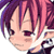 Pixelated anime-style character head with pink and purple hair, closed eyes, and a neutral expression on a white background.