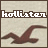 four and four shows a brown seagull silhouette against a beige background with the text 'hollister' in white pixelated letters at the top of each